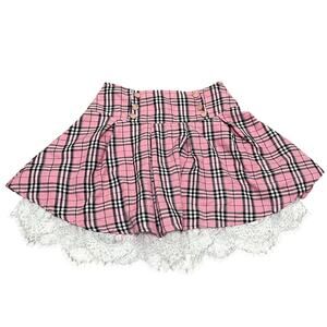 Hot Topic Pink Plaid Strawberry Button Lace Pleated Mini Skirt – Size Small